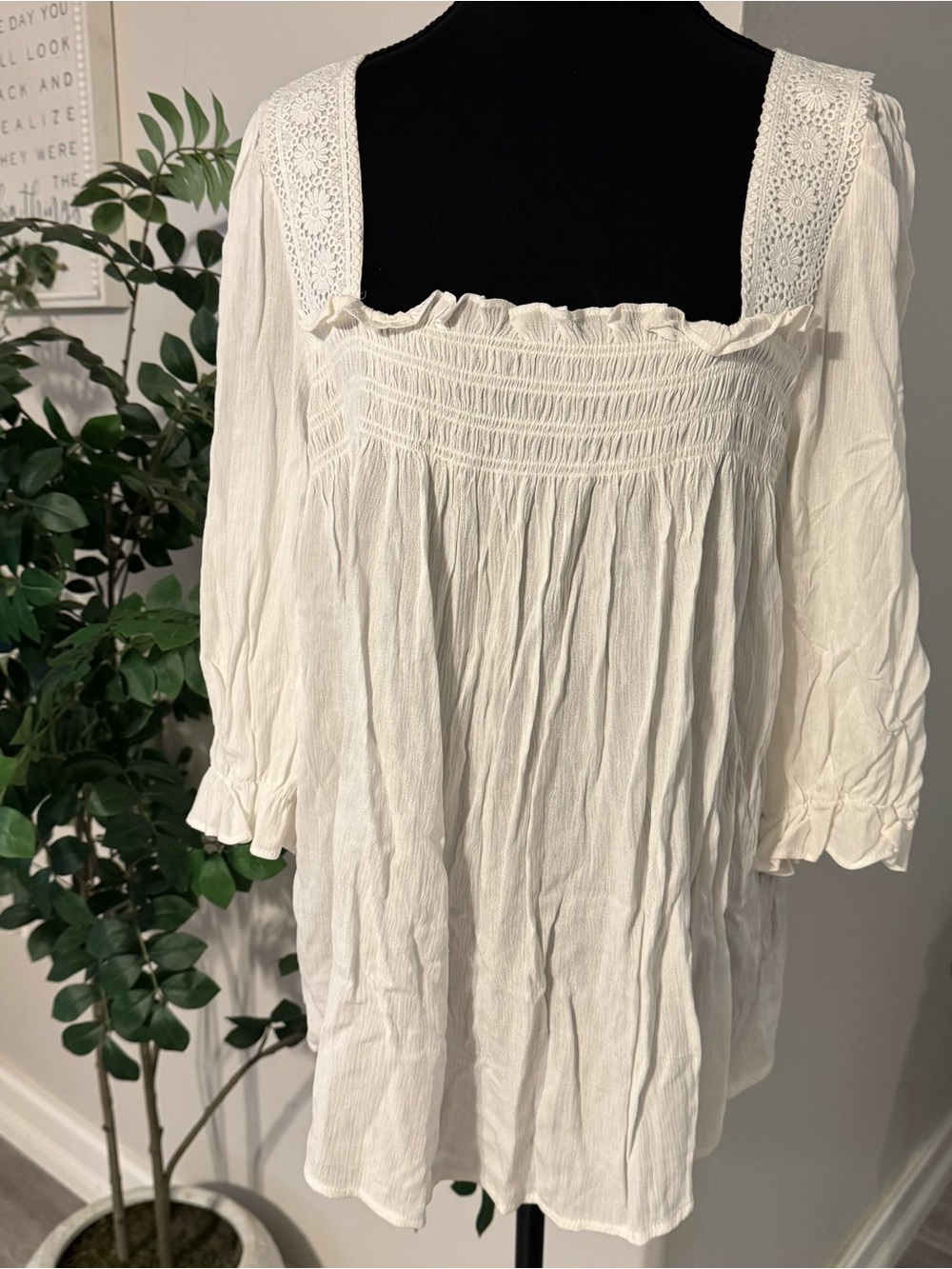 Women’s Cream Smocked Peasant Tunic with Lace-Strap Details